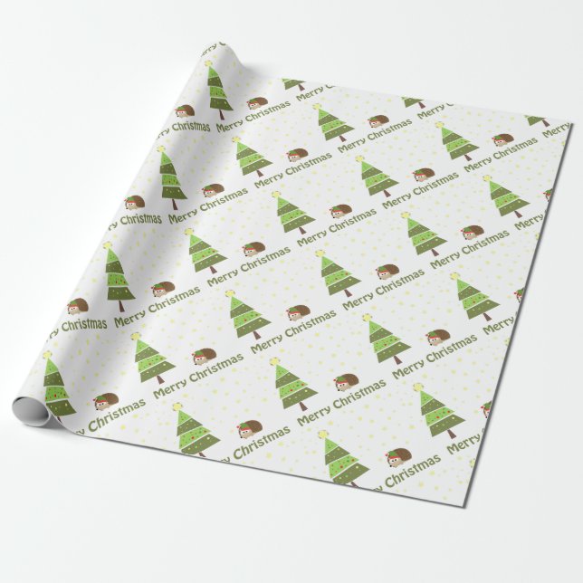 Hedgehog Christmas Scene Wrapping Paper (Unrolled)