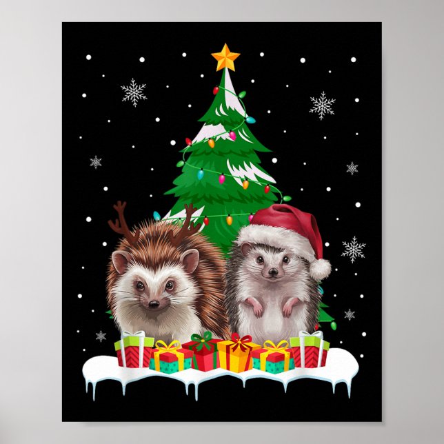 Hedgehog Christmas Tree Lights Santa Reindeer Xmas Poster (Front)