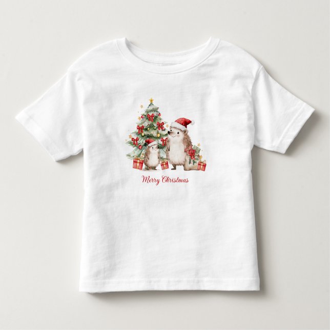Hedgehog Christmas Tree Presents Kids Toddler T-Shirt (Front)