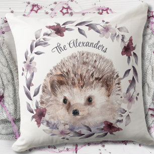 Hedgehog Cute Woodland Watercolor Monogrammed Name Cushion