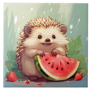 Hedgehog enjoying a piece of watermelon Ceramic Tile