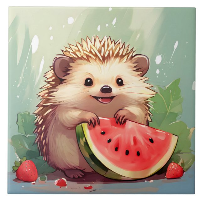  Hedgehog enjoying a piece of watermelon Ceramic Tile (Front)