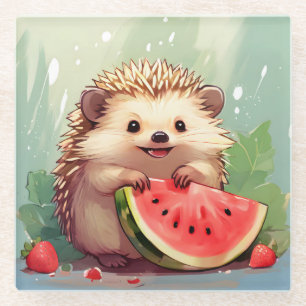 Hedgehog enjoying a piece of watermelon Glass Coaster