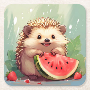 Hedgehog enjoying a piece of watermelon Square Paper Coaster