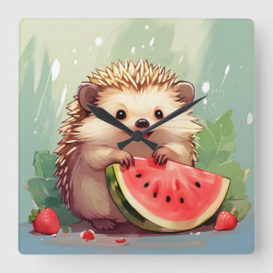 Hedgehog enjoying a piece of watermelon Square Wall Clock