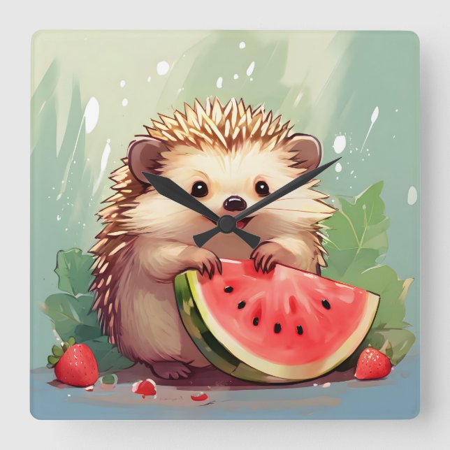  Hedgehog enjoying a piece of watermelon Square Wall Clock (Front)