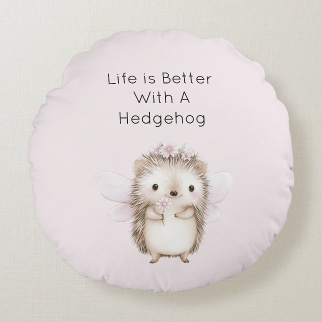 Hedgehog Fairy with Flowers Round Cushion (Front)