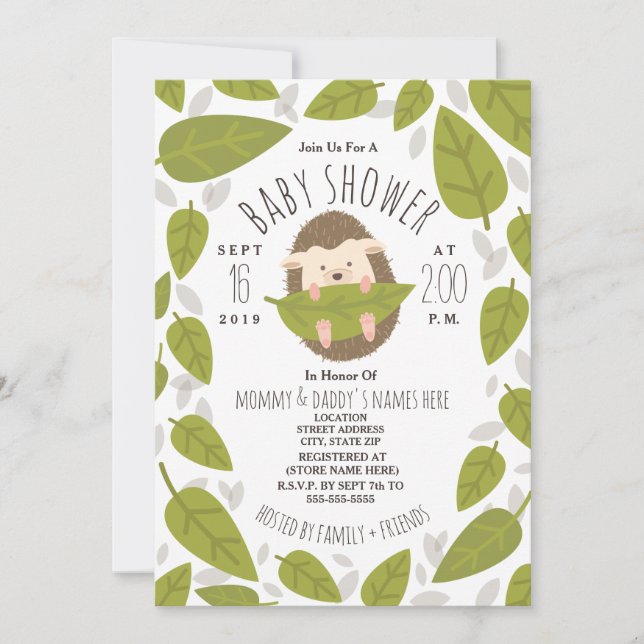 Hedgehog Falling Leaves Woodland Baby Shower Invitation (Front)