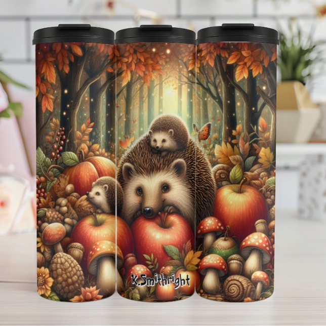 Hedgehog Family in an Autumn Forest Thermal Tumbler (Creator Uploaded)