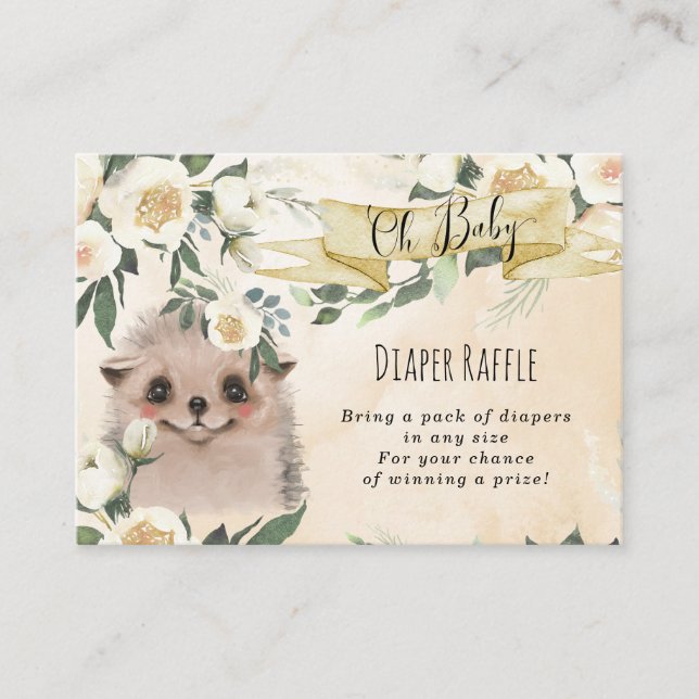 hedgehog floral baby Diaper Raffle enclosure card (Front)