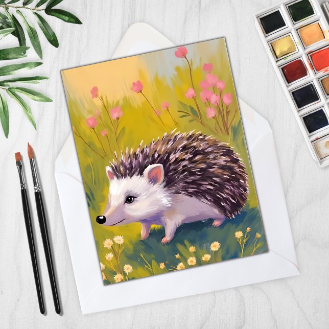 Hedgehog Floral Field Animal Painting Card (Creator Uploaded)