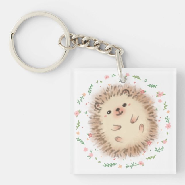 Hedgehog & Flowers Illustration Key Ring (Front)