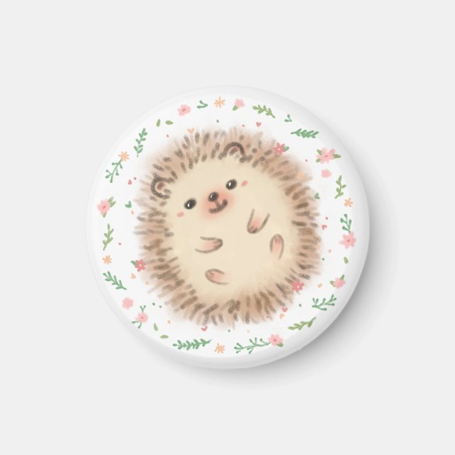 Hedgehog & Flowers Illustration Magnet (Front)