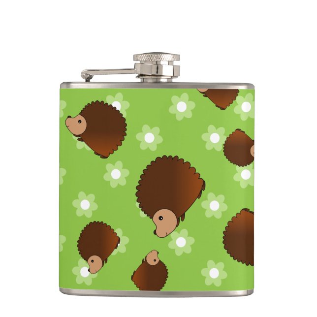 Hedgehog green flowers hip flask (Front)