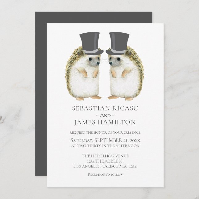 Hedgehog Grooms Gay Cute Wedding Personalised Invitation (Front/Back)