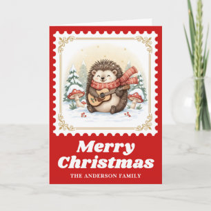 Hedgehog Guitar Retro Postage Stamp Christmas Holiday Card