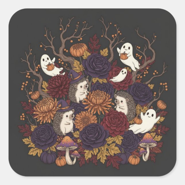 hedgehog halloween haunted forrest square sticker (Front)