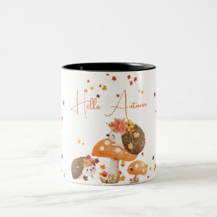 Hedgehog Hello Autumn  Fall Leaves  Two-Tone Coffee Mug