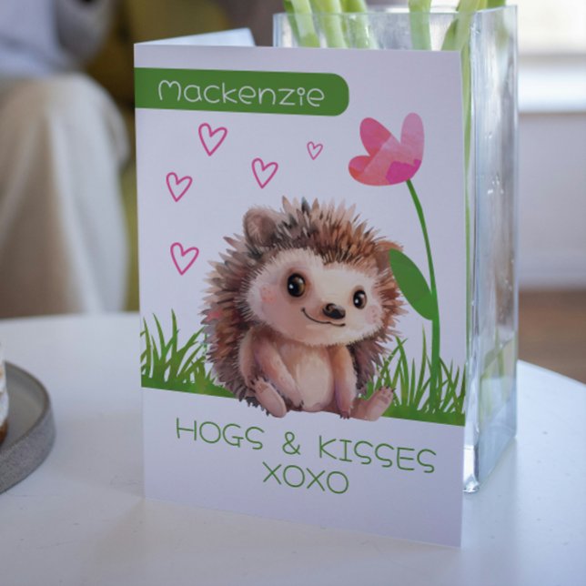 Hedgehog Hogs and Kisses personalised Valentines Holiday Card (Hedgehog Hugs personalized Valentines Holiday Card by Ricaso. Hogs and Kisses cute hedgehog cards)