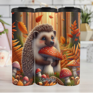 Hedgehog Holding a Mushroom in Autumn Thermal Tumbler