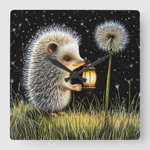 Hedgehog Holding Lantern Next to Dandelion Square Wall Clock