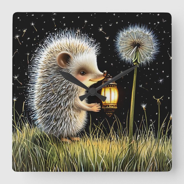 Hedgehog Holding Lantern Next to Dandelion Square Wall Clock (Front)