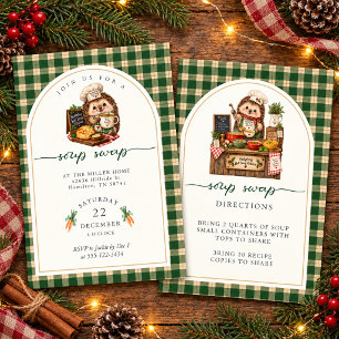 Hedgehog Holiday Green Plaid Soup Swap Party Invitation