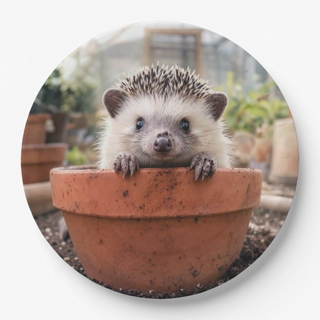 Hedgehog in a Clay Flower Pot Paper Plate (Front)