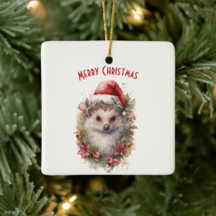 Hedgehog in a Santa Hat Red Poinsettia Christmas Ceramic Ornament
