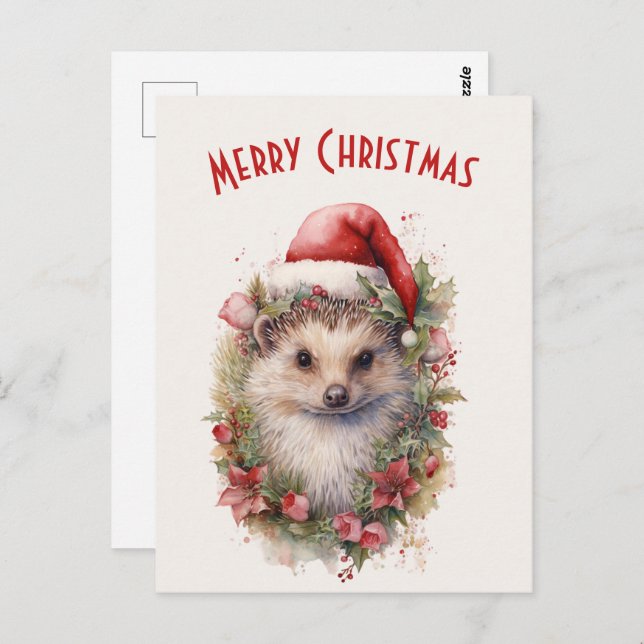 Hedgehog in a Santa Hat Red Poinsettia Christmas Postcard (Front/Back)