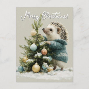 Hedgehog in a Sweater Decorating a Christmas Tree Postcard