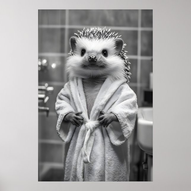 Hedgehog in Bathrobe Art Print, Funny Bathroom Poster (Front)