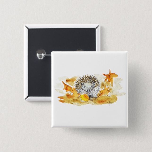 Hedgehog In Fall Leaves 15 Cm Square Badge (Front & Back)