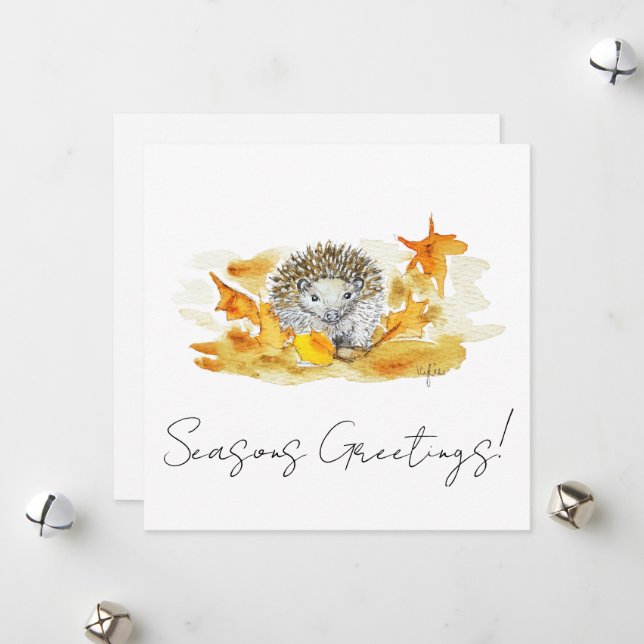 Hedgehog In Fall Leaves Holiday Card (Front/Back In Situ)