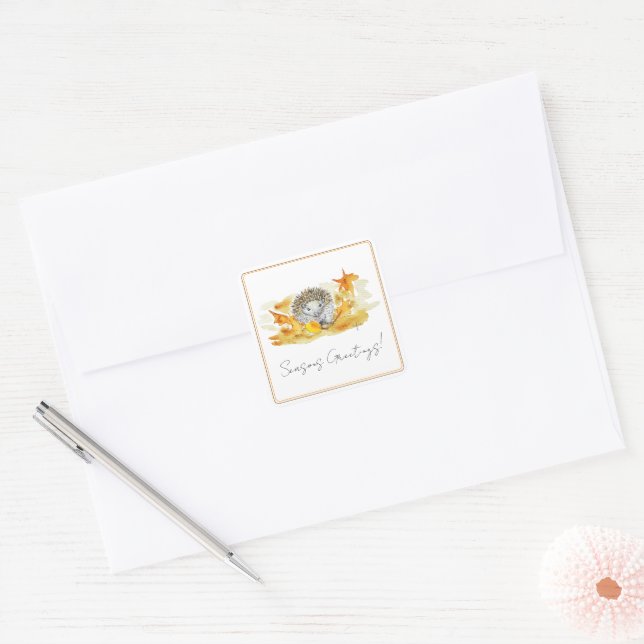 Hedgehog In Fall Leaves Square Sticker (Envelope)