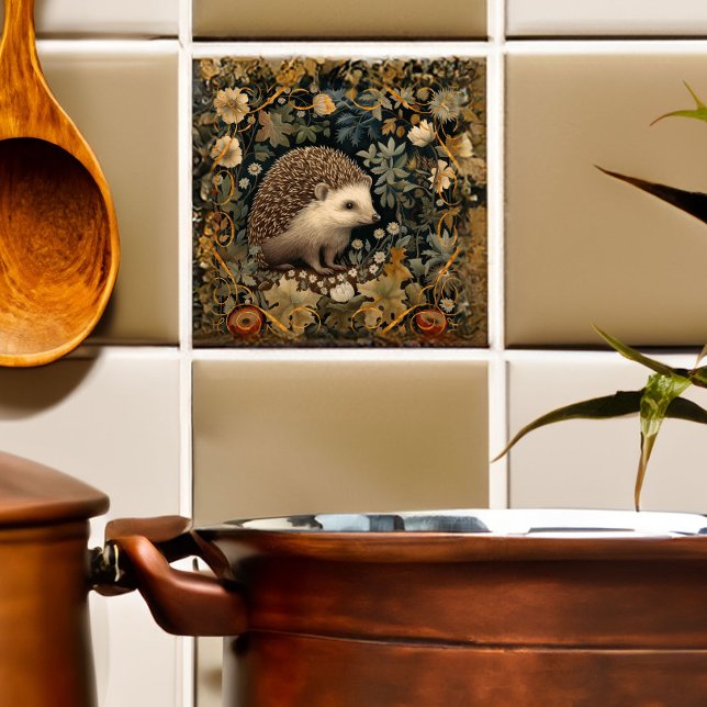 Hedgehog in the Forest William Morris style Ceramic Tile (Size approximates the larger size.)