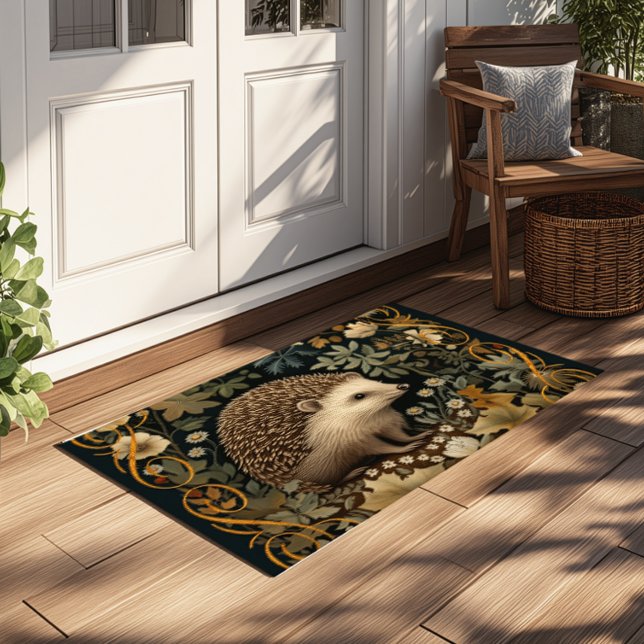 Hedgehog in the Forest William Morris style Doormat (Size approximates 24" x 36")