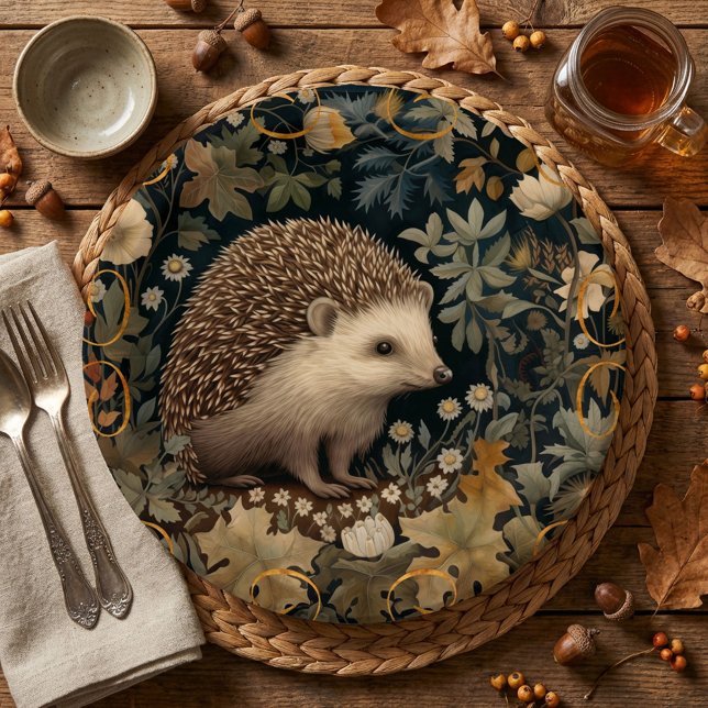 Hedgehog in the Forest William Morris style Paper Plate (Image approximates the 9 inch size.)