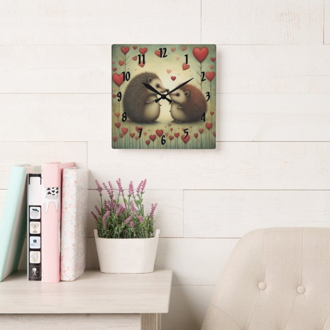 Hedgehog Love 1 Square Wall Clock (Reading Room)
