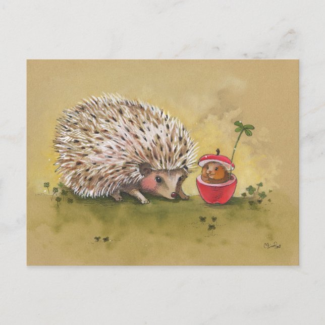 Hedgehog Lucky Clover Afternoon Postcard (Front)