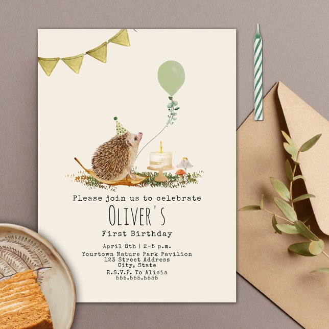 Hedgehog Mushroom Balloon Forest First Birthday Invitation (Creator Uploaded)