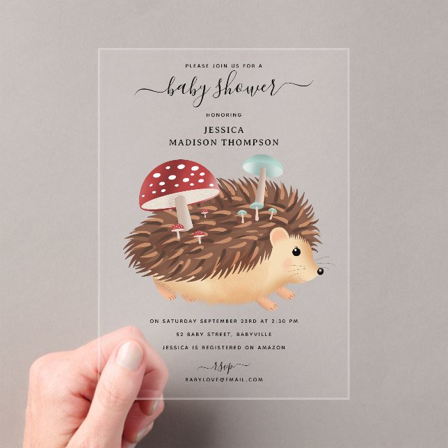 Hedgehog Mushroom Woodland Funny Baby Shower Acrylic Invitations (Insitu (Handheld))