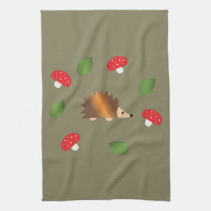 Hedgehog Mushrooms and Leaves Tea Towel