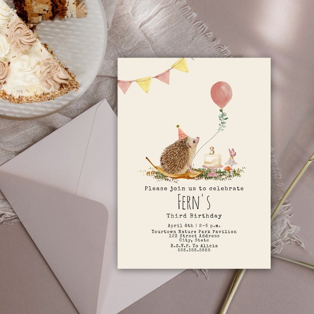 Hedgehog Mushrooms Pink Balloon Forest Birthday Invitation (Creator Uploaded)