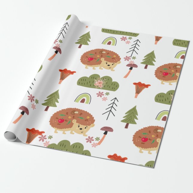 Hedgehog Nature Floral Rainbow Pattern  Wrapping Paper (Unrolled)