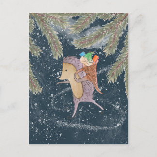 Hedgehog on skis. Basket with gift on the shoulder Postcard