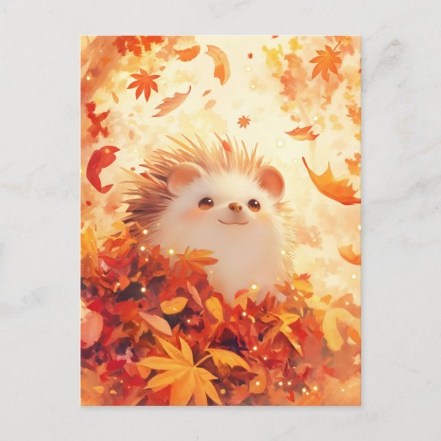 Hedgehog Peeking Through Orange Autumn Maple Leaf Postcard (Front)