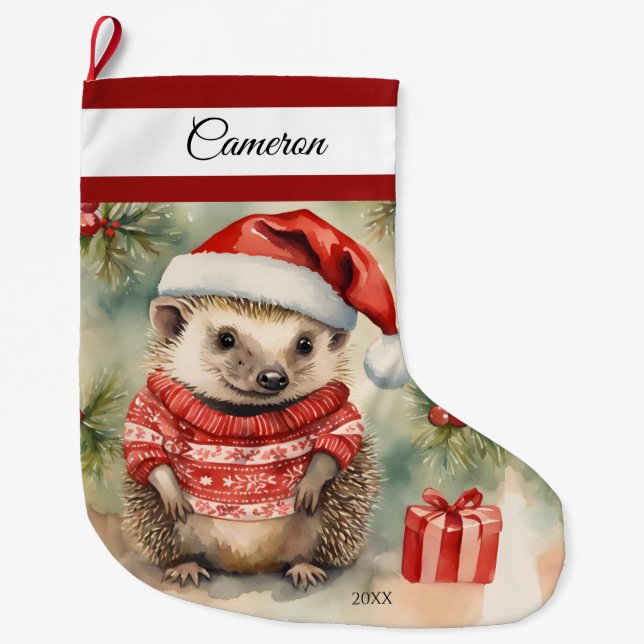 Hedgehog Personalised Large Christmas Stocking (Front)