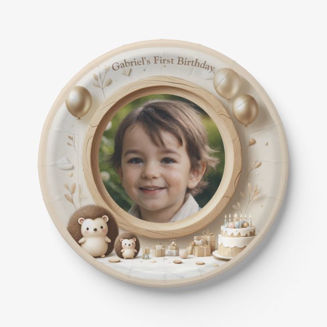 Hedgehog Photo Frame for Kids' Birthday Parties Paper Plate (Front)