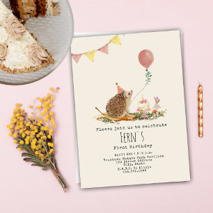 Hedgehog Pink Balloon Forest First Birthday Invitation